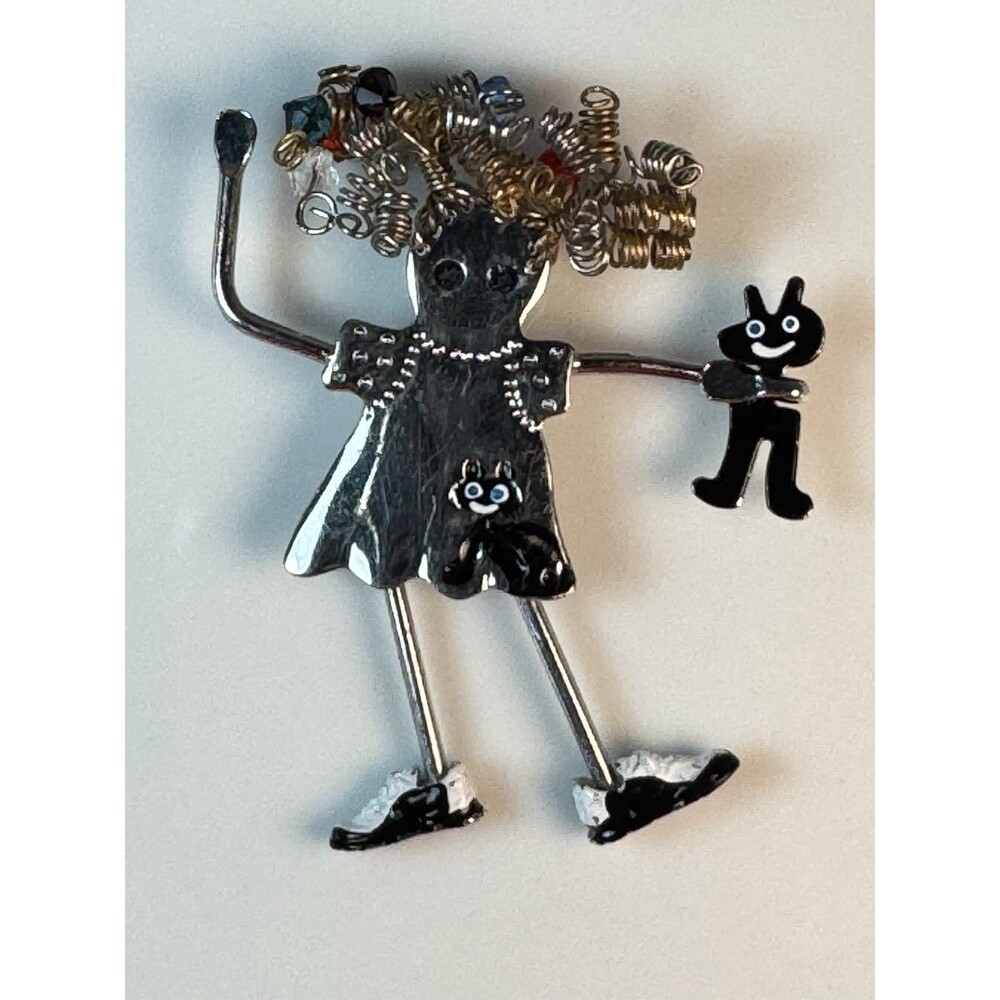 Vintage Carrette by Ganz Articulated Girl with Cats Brooch Pin Whimsical Signed